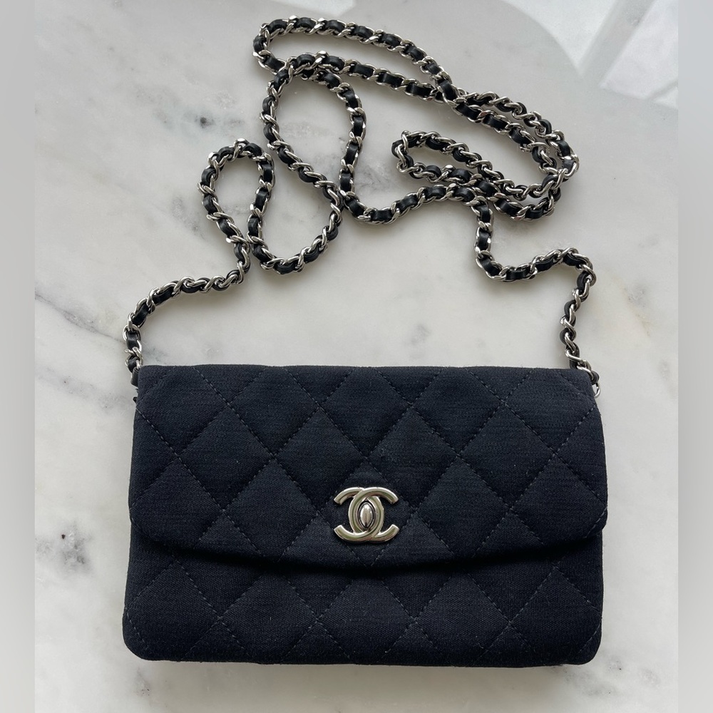 ❌❌❌SOLD❌❌❌ Chanel Black Mini Jersey Bag Silver HW Crossbody Bag 2011 WOC